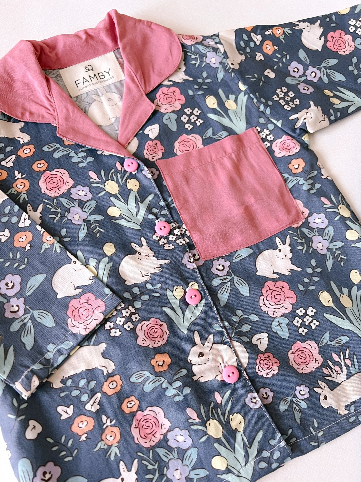 Pijama Infantil Conejitos Fondo Azul y Rosa - fambypj