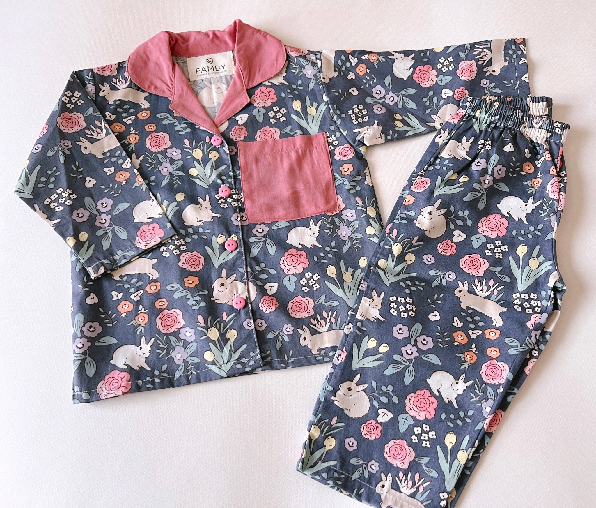 Pijama Infantil Conejitos Fondo Azul y Rosa - fambypj